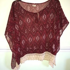 hollister red small loose poncho shirt with lace